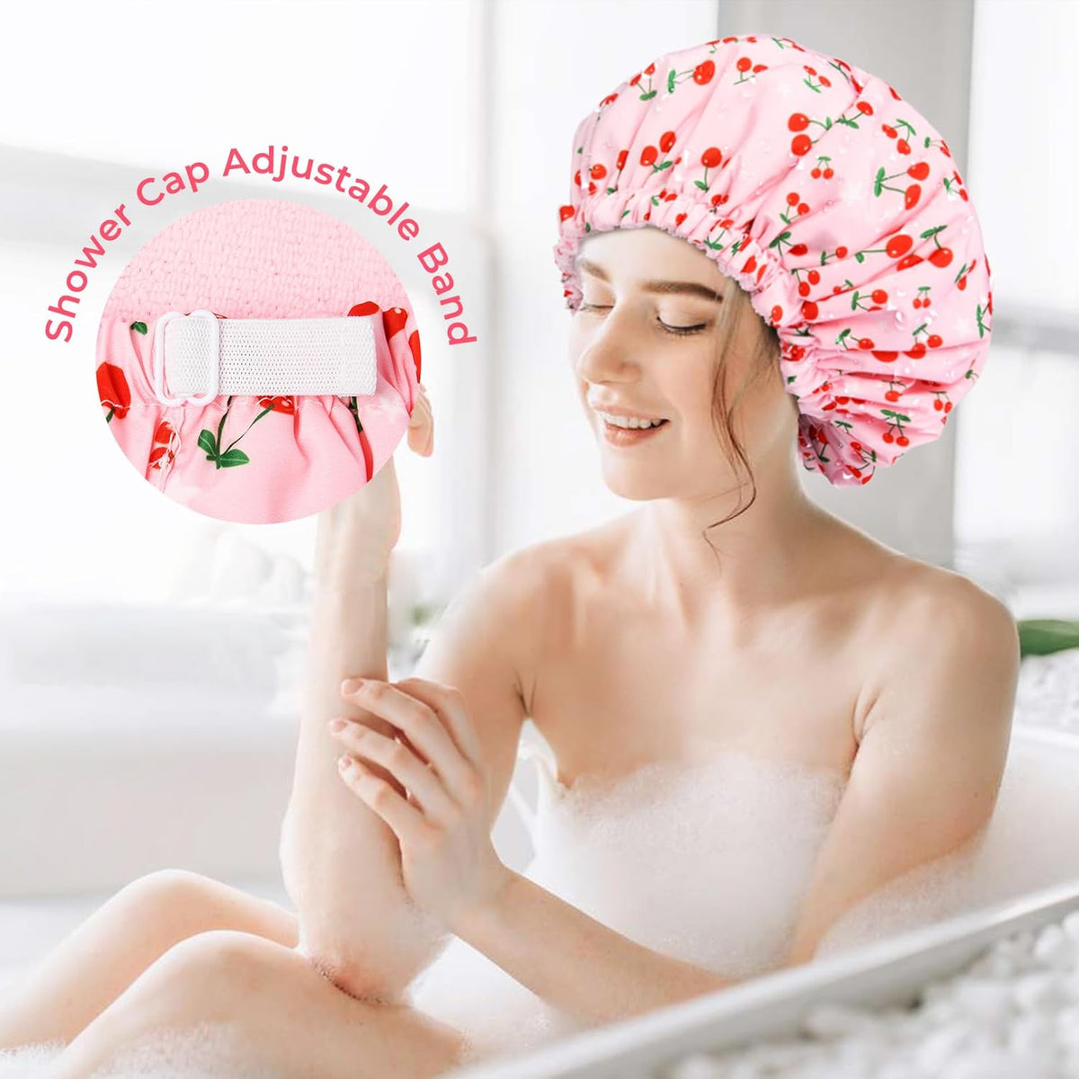 Shower Cap for Women Terry Lined Bath Cap Large Reusable Waterproof Elastic Band Pink Shower Caps for Long Thick Hair Soft Bath Shower Hair Caps