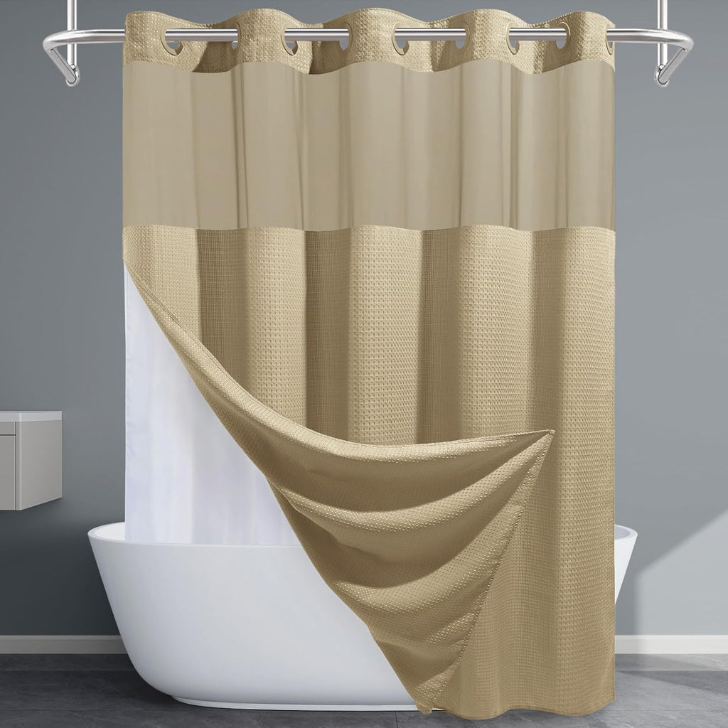 Grey Shower Curtain and Liner Set - 230GSM Waffle Weave Textured Heavy Duty,Hotel Luxury Weighted Bath Curtain,71W x 74H
