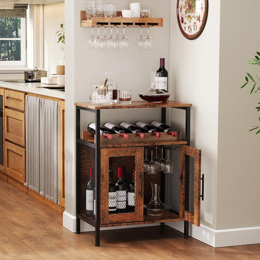 X-cosrack Wine Bar Rack Cabinet with Detachable Wine Rack, Coffee Barwith Glass Holder, Small Sideboard and Buffet Cabinet with Mesh Door, Rustic Brown(Patent Pending)