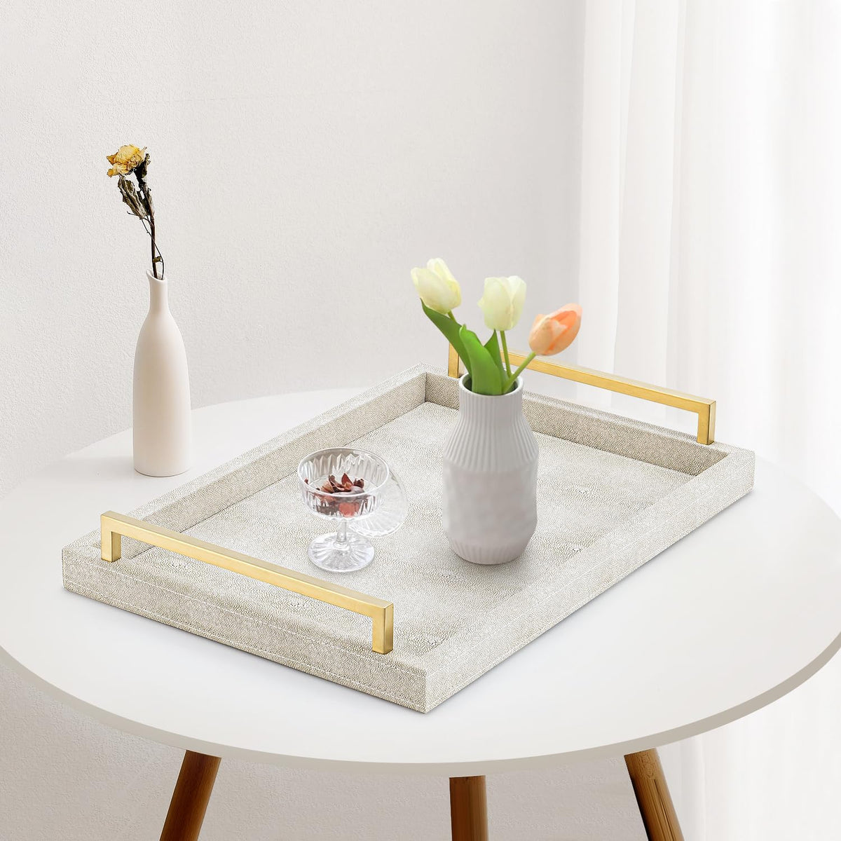 Ivory Shagreen Decorative Tray Large Rectangle Coffee Table Tray for Ottoman Faux Leather Serving Tray with Brushed Gold Handles