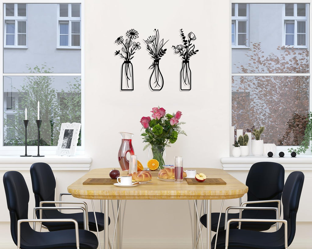 3 Pieces Metal Flowers Wall Arts - Rustic Farmhouse Decor Black Minimalist Flower Wall Decors for Living room Bathroom Bedroom Dining Room - Housewarming Gifts(Black, Vase-C)