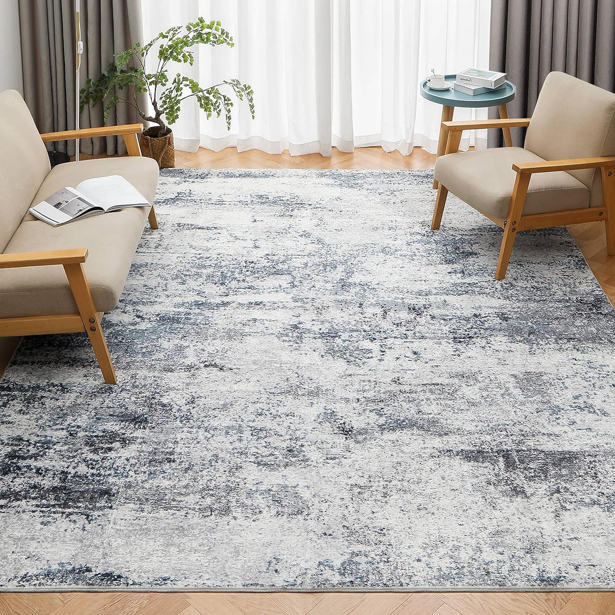8x10 Area Rugs for Living Room Rug Washable: Abstract Large Rug for Dining Room Bedroom Carpet Non Slip 8 by 10 Indoor Modern Nursery Home Office Blue Grey