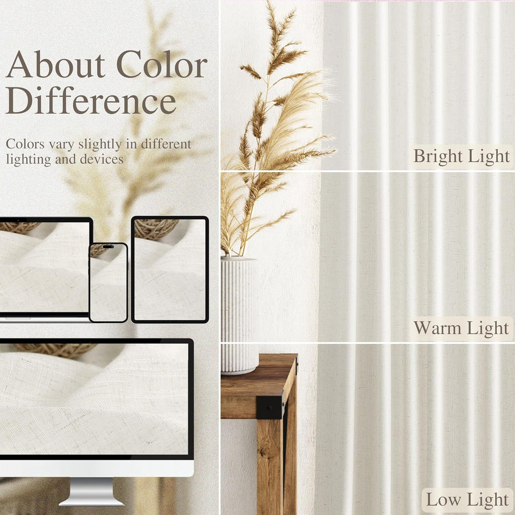 Cream Linen Back Tab Curtains 84 Inch Length for Living Room 2 Panel Set Neutral Modern Farmhouse Window Privacy Semi Sheer Linen Drapes Rustic Pinch Pleated Look Curtain Natural Ivory Colored