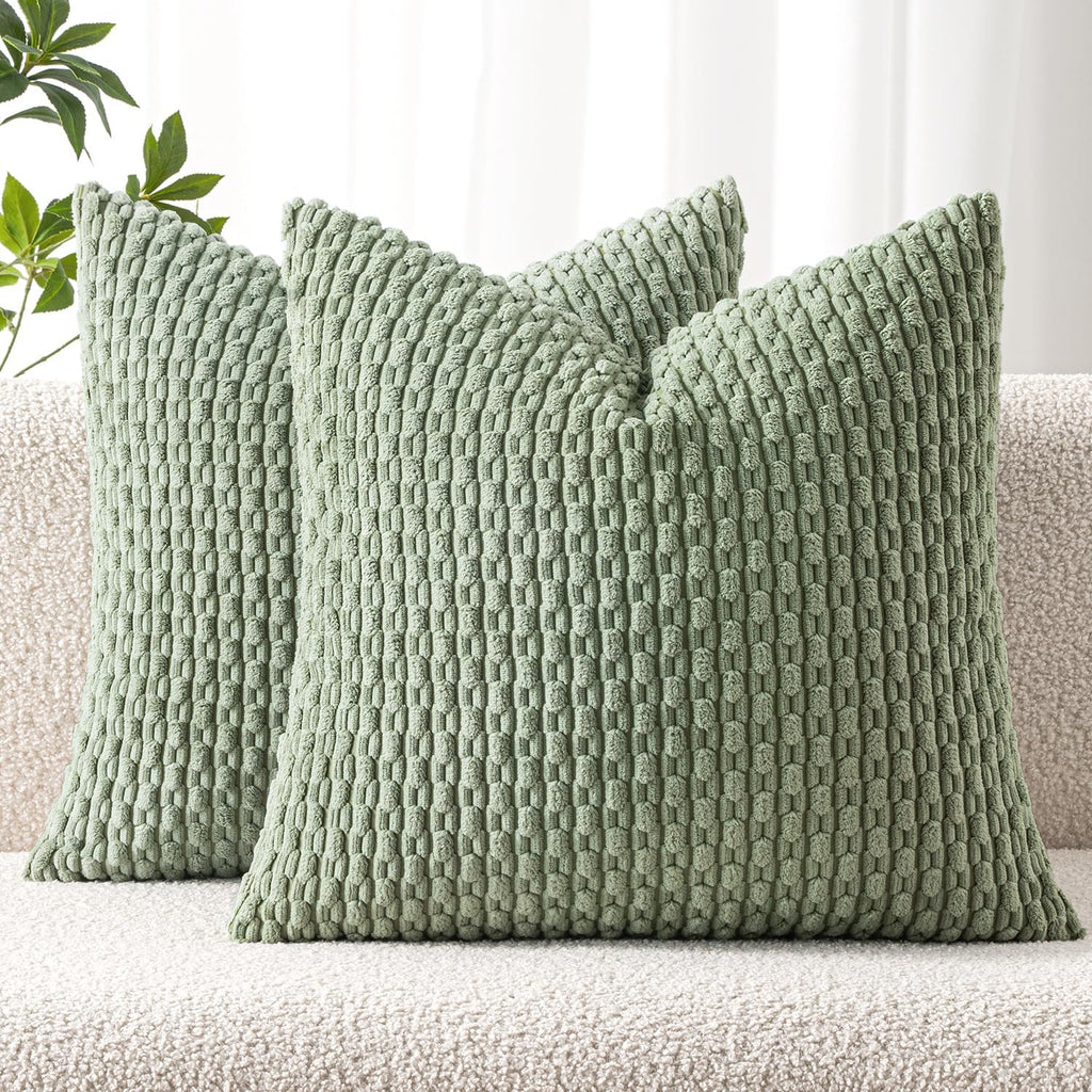 MIULEE Pack of 2 Decorative Throw Pillow Covers 18x18 Inch Soft Boho Striped Textured Corduroy Pillow Covers Spring Modern Farmhouse Home Decor for Couch Bed Sofa Living Room Sage Green