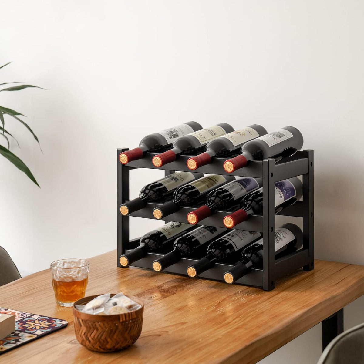 Bamboo Wine Rack, Sturdy and Durable Wine Storage Cabinet Shelf, Wine Racks Countertop for Pantry,Kitchen,3-Tier 12 Bottles Wine Rack Black
