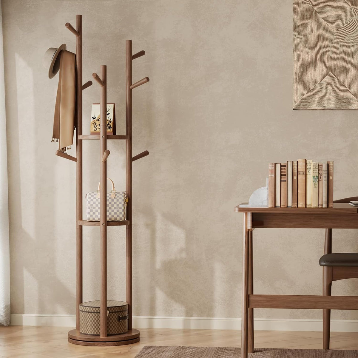 Solid Wood Rotary Coat Rack, Freestanding Coat Rack with 3 Shelves and 9 Hooks, Coat tree for Bedroom, Entryway, Livingroom, Coat Hanger Stand for Coats, Scarves, Handbags (Walnut)