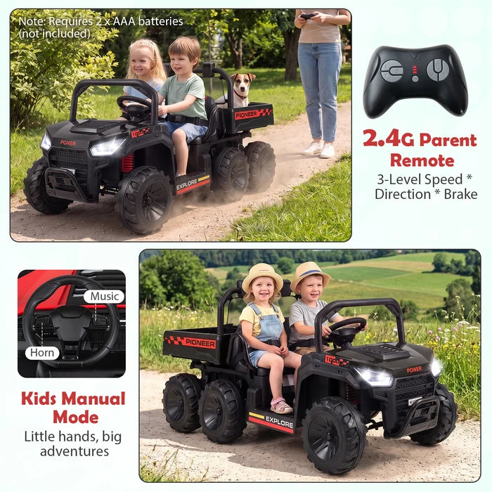 24V 2-Seater Ride on Dump Truck, 4WD Kids Ride on Car with Electric Dump Bed, Shovel, Music, Story, Wireless Connection, Lights & Parent Remote, Electric Vehicle for Boys Girls, Navy