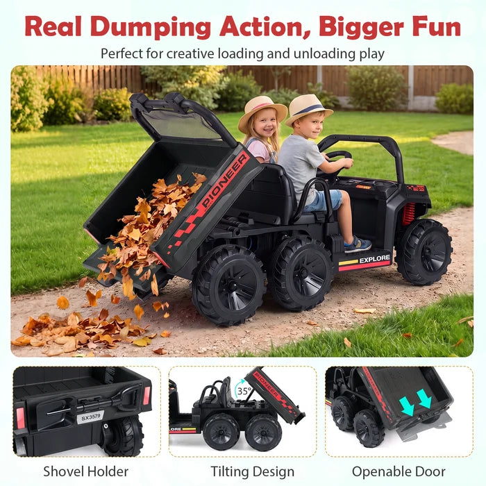 24V 2-Seater Ride on Dump Truck, 4WD Kids Ride on Car with Electric Dump Bed, Shovel, Music, Story, Wireless Connection, Lights & Parent Remote, Electric Vehicle for Boys Girls, Navy