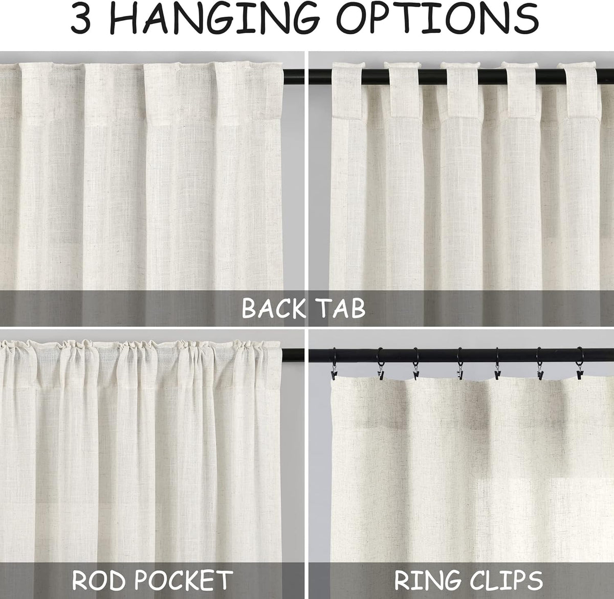 Cream Linen Back Tab Curtains 84 Inch Length for Living Room 2 Panel Set Neutral Modern Farmhouse Window Privacy Semi Sheer Linen Drapes Rustic Pinch Pleated Look Curtain Natural Ivory Colored