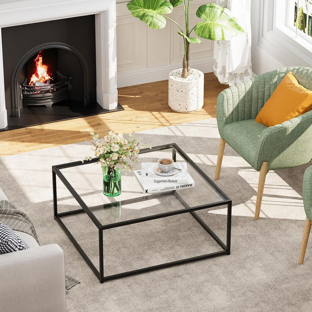 Black Glass Coffee Table for Living Room,Square Coffee Tables for Small Spaces,Simple Tea Cocktail Modern Center Tables, Living Room Tables,Easy Assembly,26 * 26in（Black & Clear Glass）