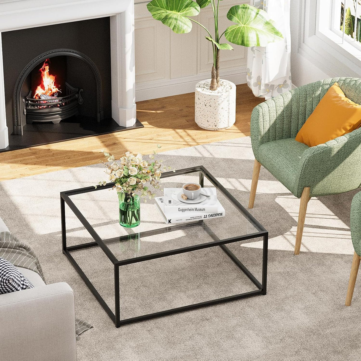 Black Glass Coffee Table for Living Room,Square Coffee Tables for Small Spaces,Simple Tea Cocktail Modern Center Tables, Living Room Tables,Easy Assembly,26 * 26in（Black & Clear Glass）