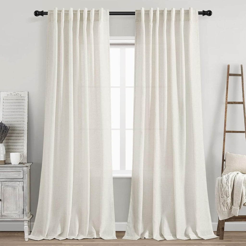 Cream Linen Back Tab Curtains 84 Inch Length for Living Room 2 Panel Set Neutral Modern Farmhouse Window Privacy Semi Sheer Linen Drapes Rustic Pinch Pleated Look Curtain Natural Ivory Colored
