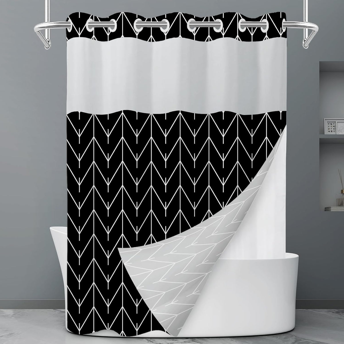 No Hook Grey White Striped Shower Curtain with Snap in Fabric Liner Set - Hotel Liner Set with See Through Mesh Top Window,Machine Washable, 71x74 INCH
