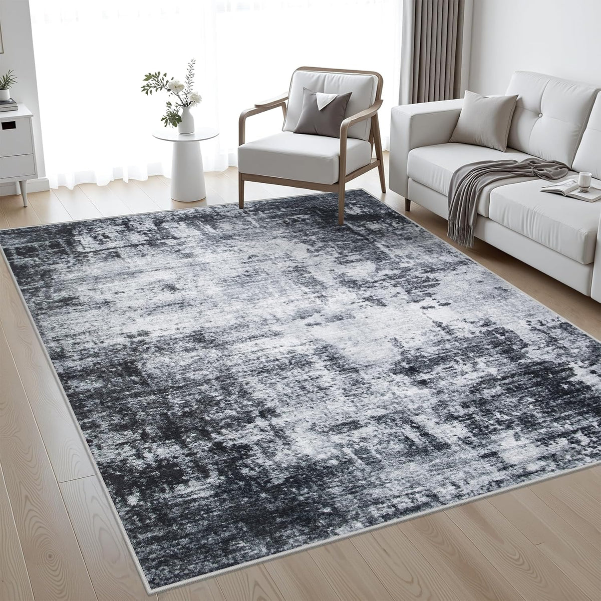 5x7 Area Rug Living Room Rug: Washable Modern Abstract Soft Thin Rug Indoor Floor No Slip Stain Resistant Carpet for Bedroom Dining Room Farmhouse Nursery Home Office - Black
