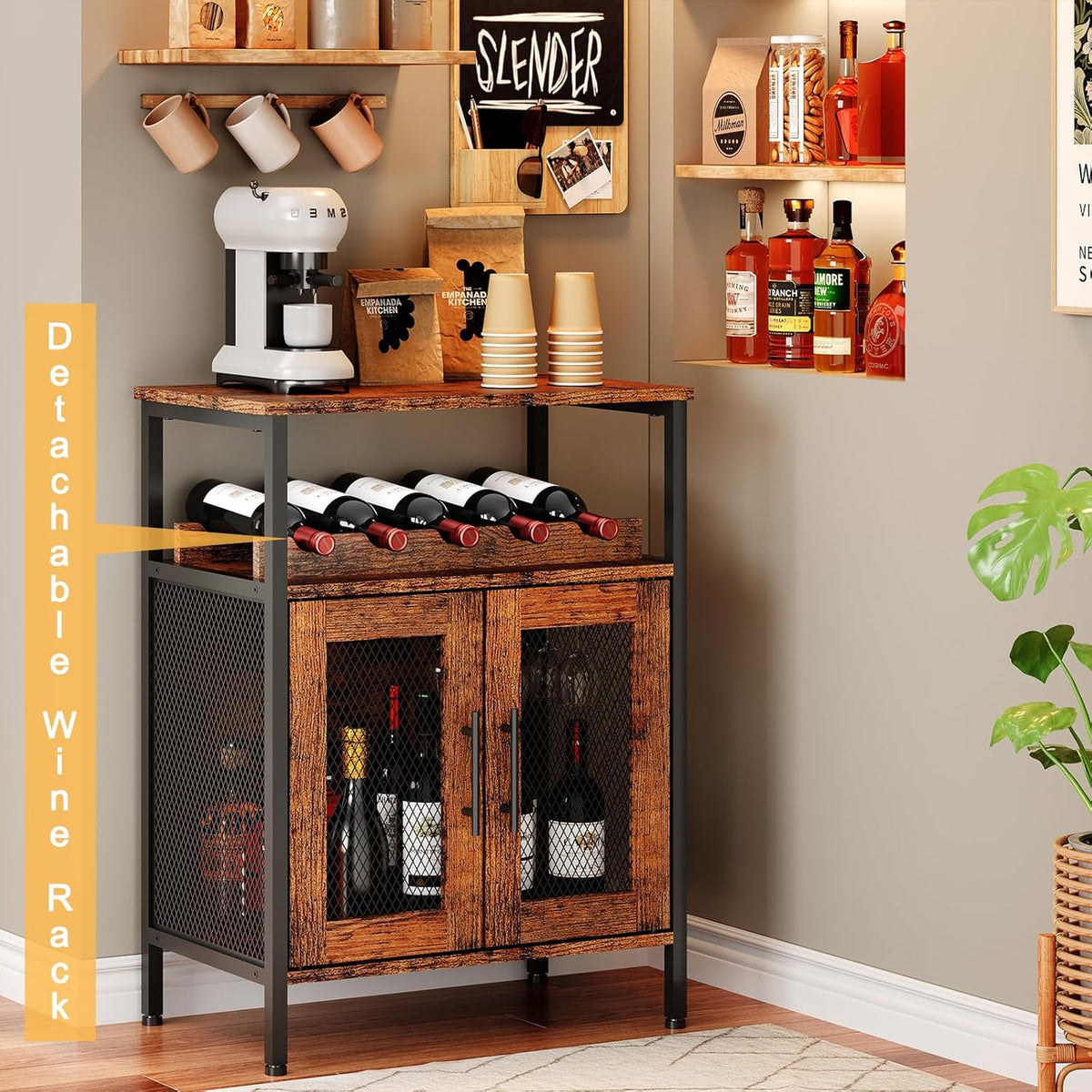 X-cosrack Wine Bar Rack Cabinet with Detachable Wine Rack, Coffee Barwith Glass Holder, Small Sideboard and Buffet Cabinet with Mesh Door, Rustic Brown(Patent Pending)