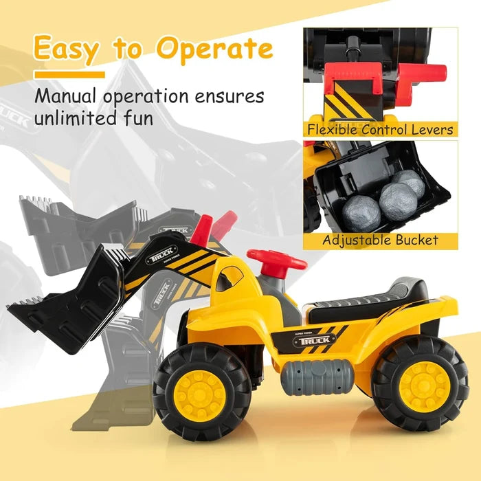 Hikidspace Kids Ride on Excavator, Construction Digger Pulling Cart with Helmet, 3 Toy Stones